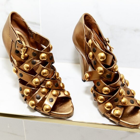 Gucci Babouska Gold Bronze Studded Open Toe Strappy Heels 38.5 / 8.5 - Picture 10 of 17